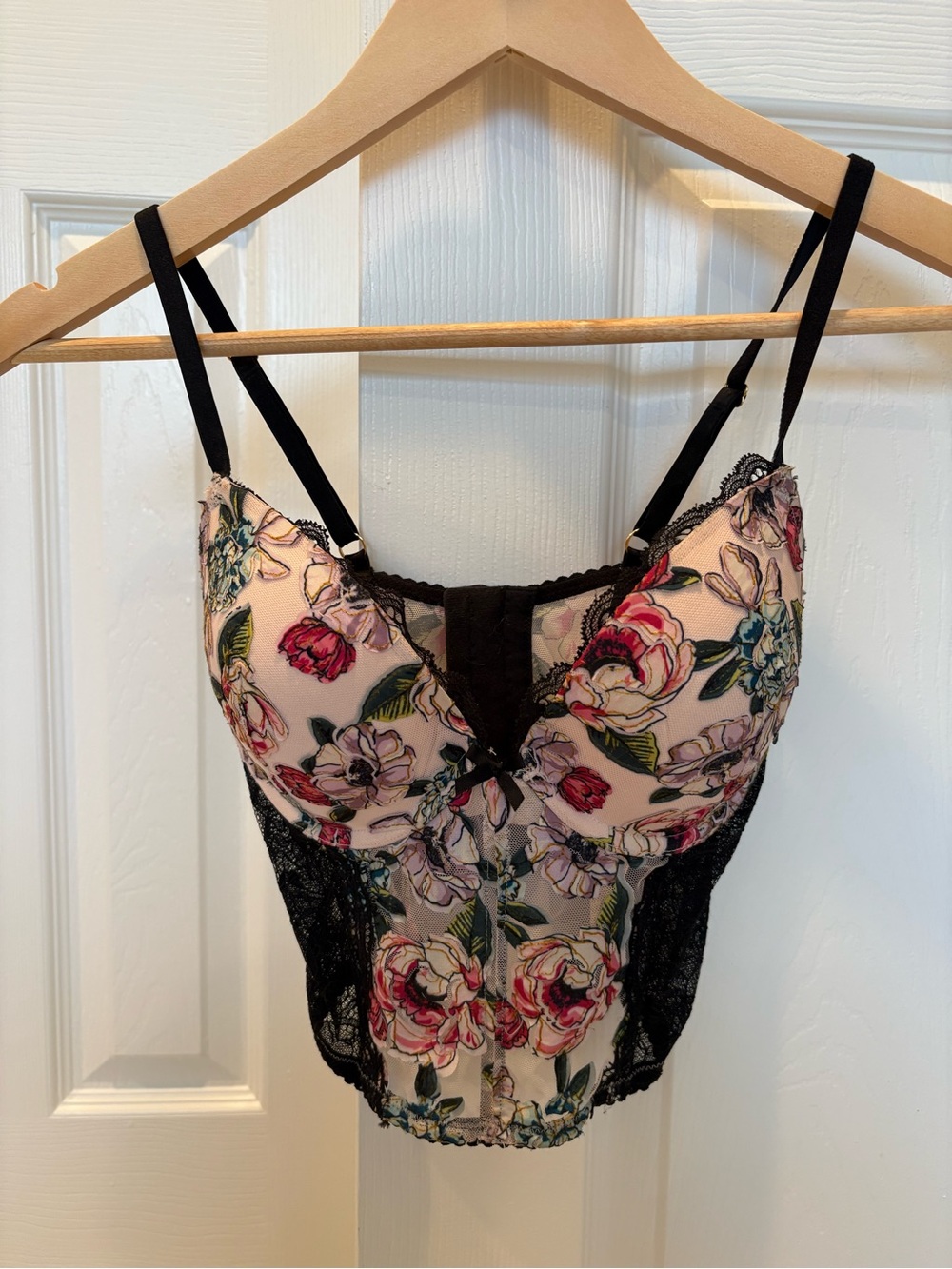 Victoria's Secret Pink Floral Lace Longline Bustier with Black Lace